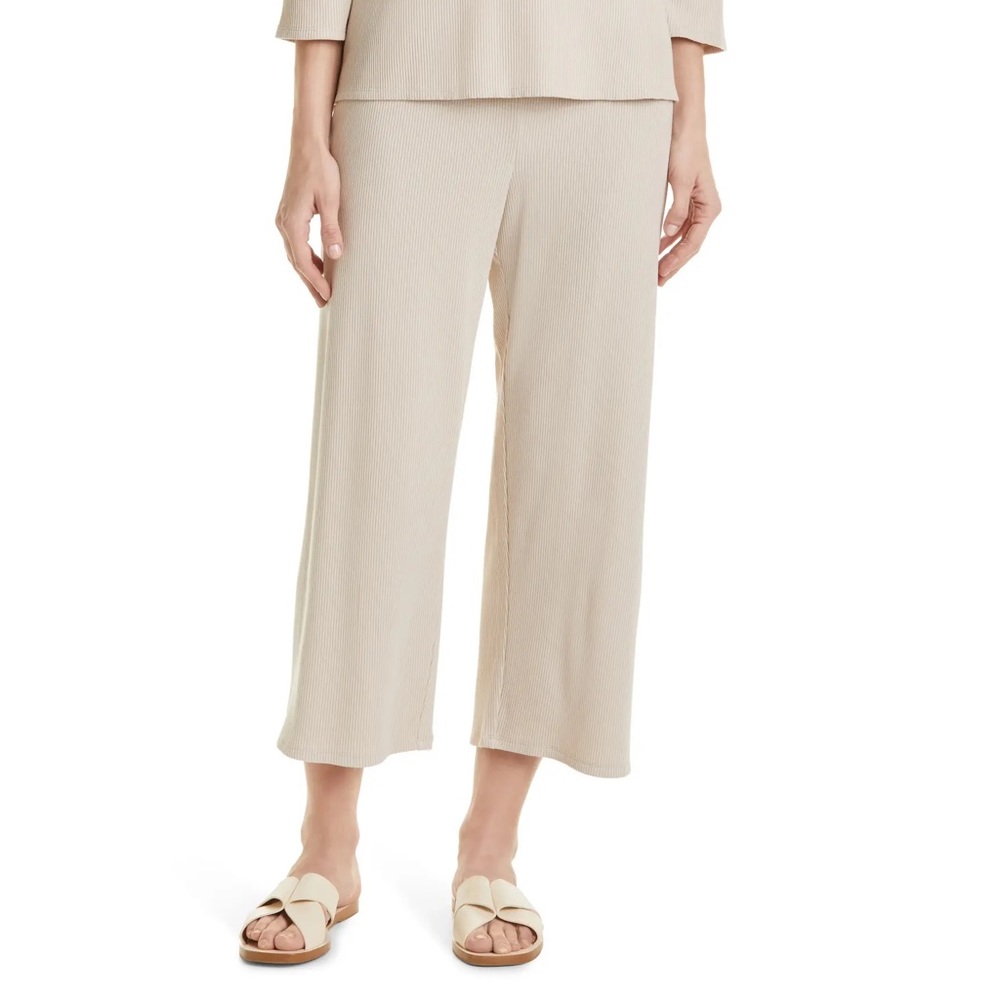 Eileen Fisher Wide Rib Pants Straight Leg Tencel Pull On Elastic Waist Stretch